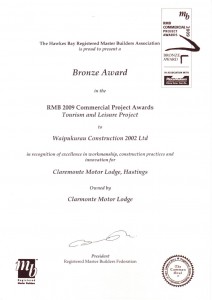 Claremonte Motel Construction bronze award